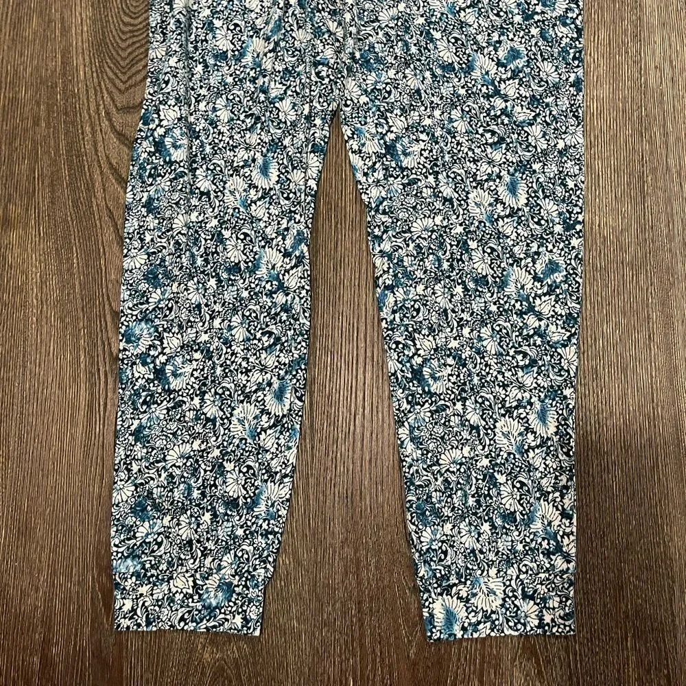 NWOT J. Jill Jogger Pants Floral High Rise Elastic Waist Blue White Size S